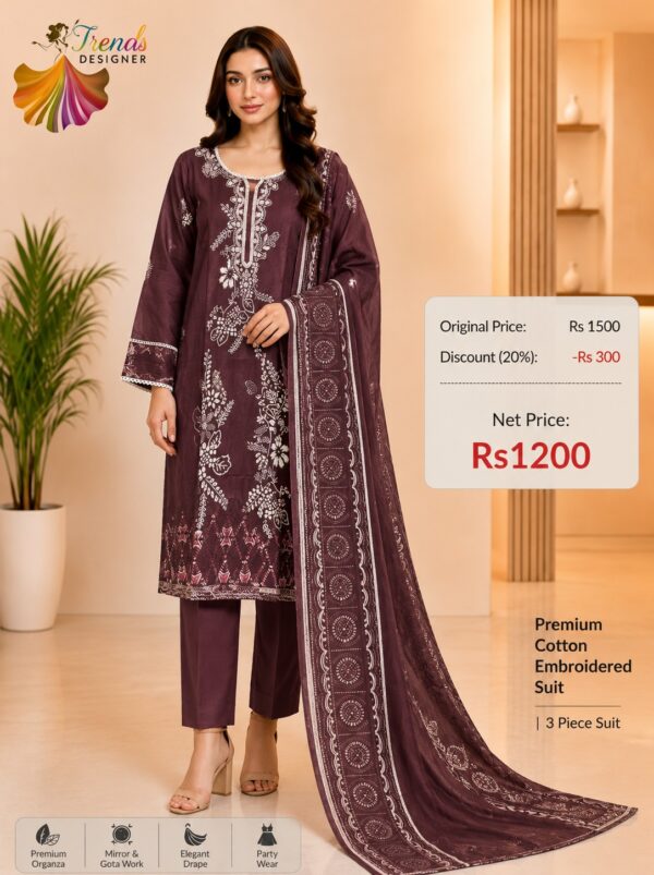 Coffee Brown Readymade Printed Cotton Suit Set with Cotton Dupatta