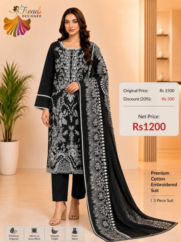 Black Readymade Printed Cotton Suit Set with Cotton Dupatta