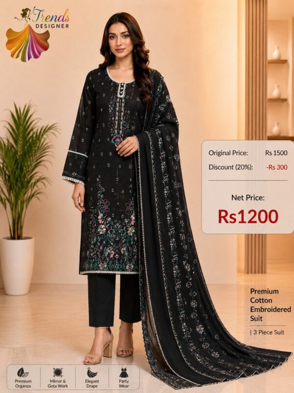 Black Readymade Printed Cotton Suit Set with Cotton Dupatta