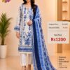 White with Blue Readymade Printed Cotton Suit Set with Cotton Dupatta
