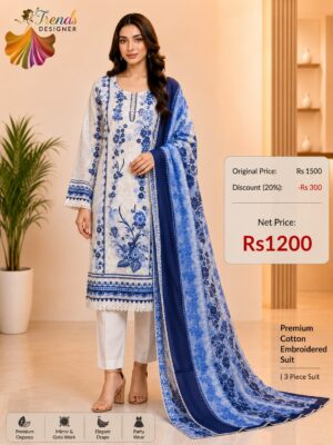 White with Blue Readymade Printed Cotton Suit Set with Cotton Dupatta