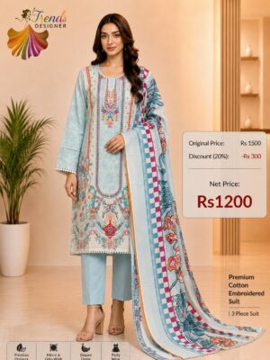 Aqua Blue Readymade Printed Cotton Suit Set with Cotton Dupatta