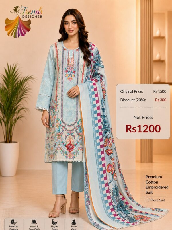 Aqua Blue Readymade Printed Cotton Suit Set with Cotton Dupatta