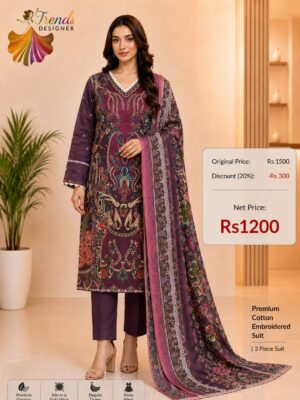 Wine Purple Readymade Printed Cotton Suit Set with Cotton Dupatta