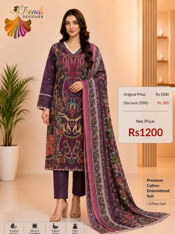 Wine Purple Readymade Printed Cotton Suit Set with Cotton Dupatta