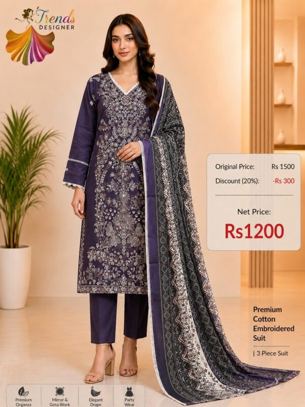 Dusty Purple Readymade Printed Cotton Suit Set with Cotton Dupatta