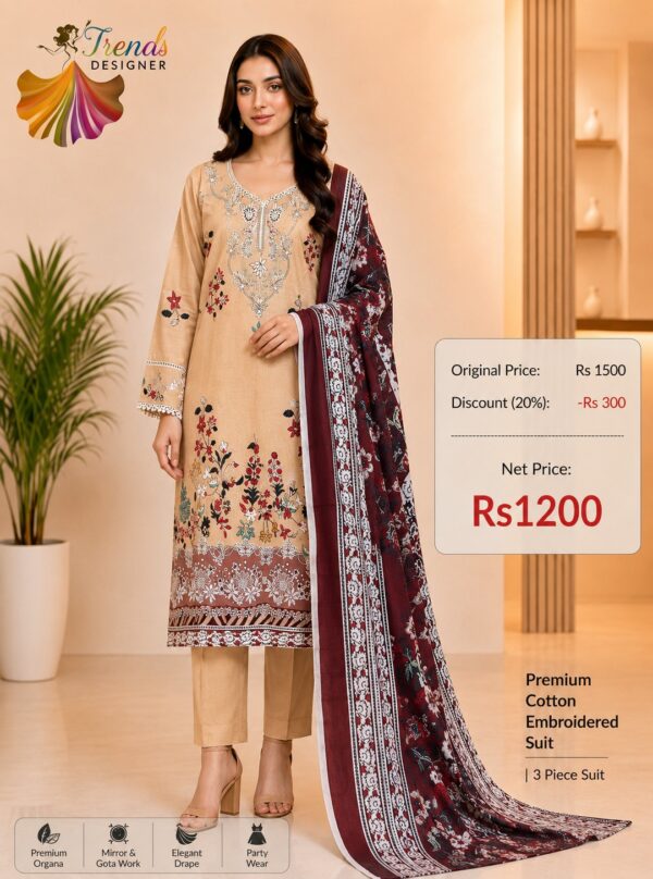 Peach Readymade Printed Cotton Suit Set with Cotton Dupatta