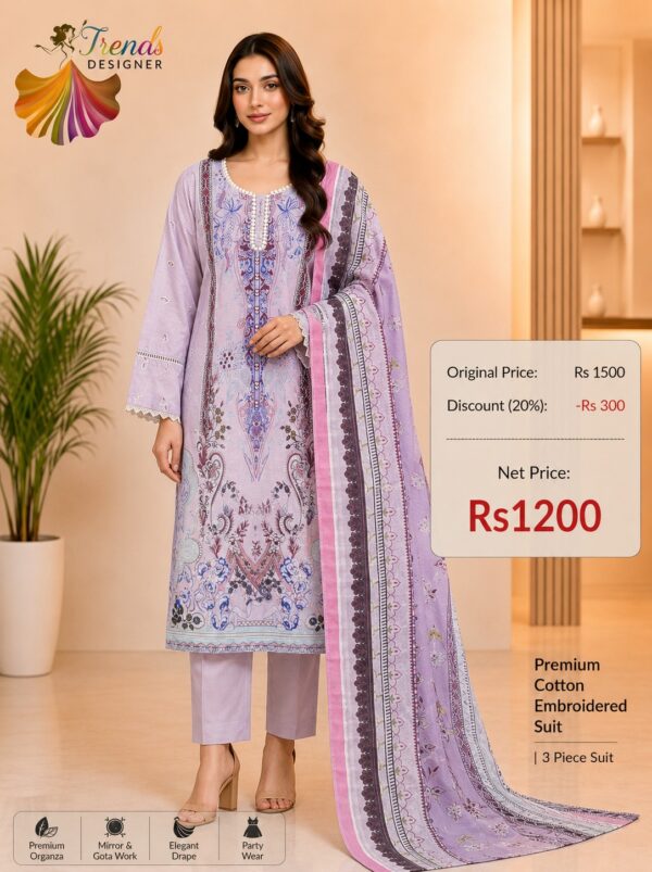 Lavender Readymade Printed Cotton Suit Set with Cotton Dupatta