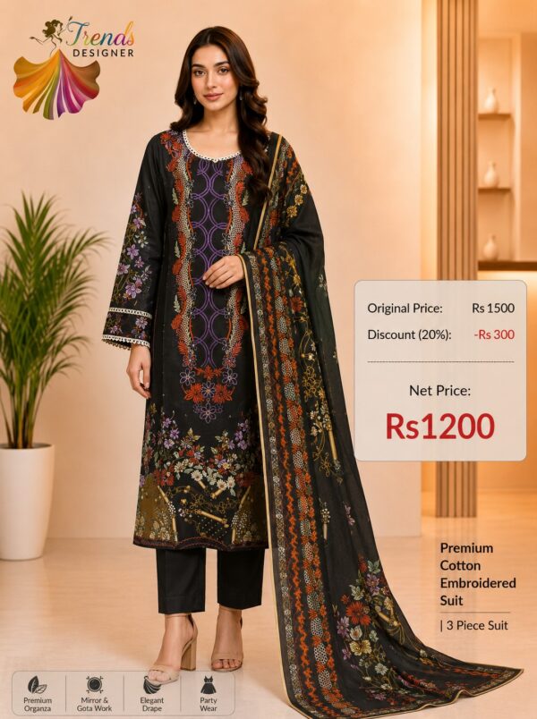 Black Readymade Printed Cotton Suit Set with Cotton Dupatta