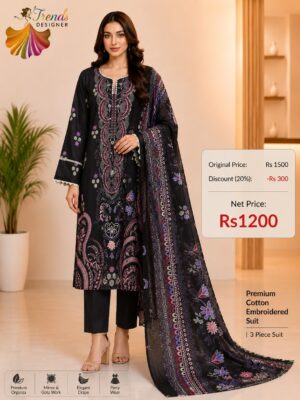 Black Readymade Printed Cotton Suit Set with Cotton Dupatta