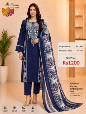 Royal Blue Readymade Printed Cotton Suit Set with Cotton Dupatta