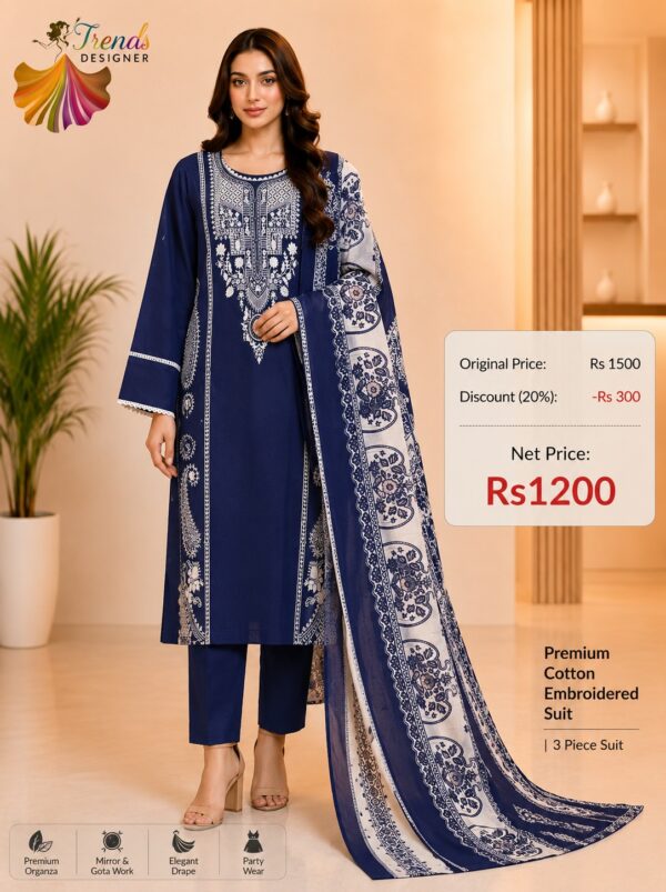 Royal Blue Readymade Printed Cotton Suit Set with Cotton Dupatta