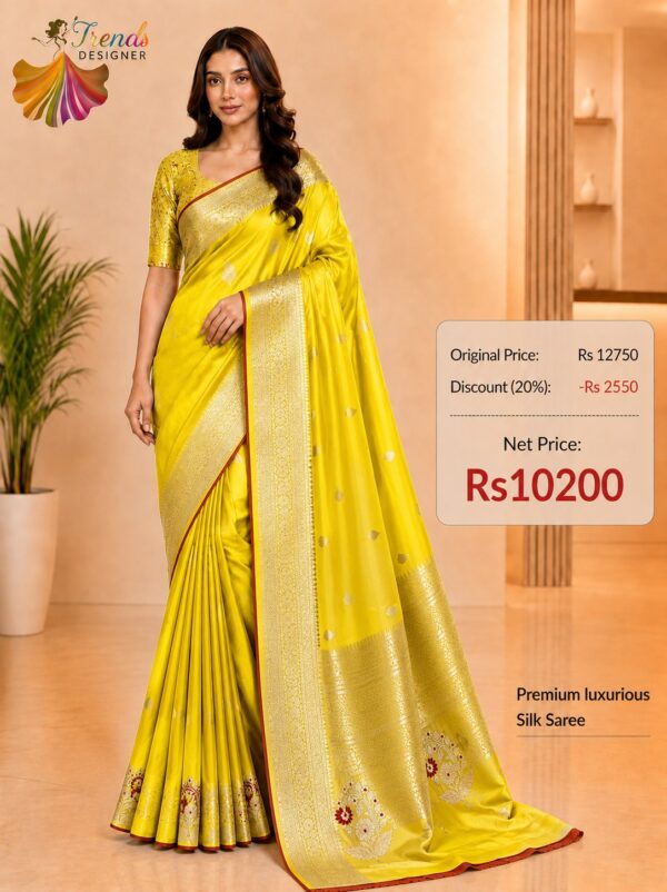 Lemon Yellow Pure Raw Mango Mashru Border Satin Silk Saree with Silk Mark Certificate