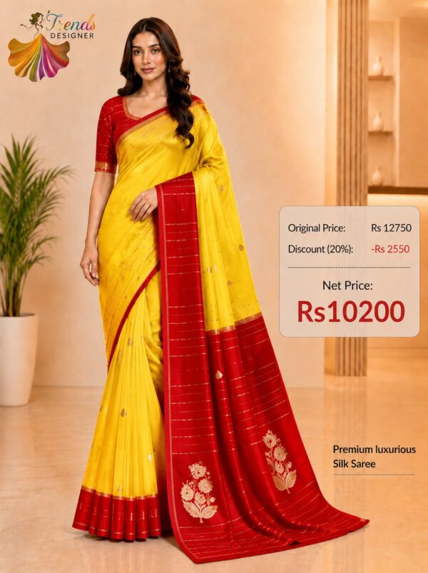 Yellow with Red Pure Raw Mango Mashru Border Satin Silk Saree with Silk Mark Certificate