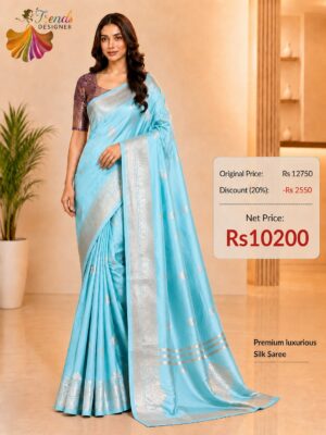 Firozi Blue Pure Raw Mango Mashru Border Satin Silk Saree with Silk Mark Certificate
