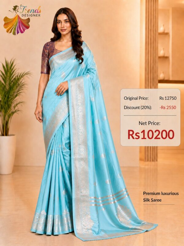 Firozi Blue Pure Raw Mango Mashru Border Satin Silk Saree with Silk Mark Certificate