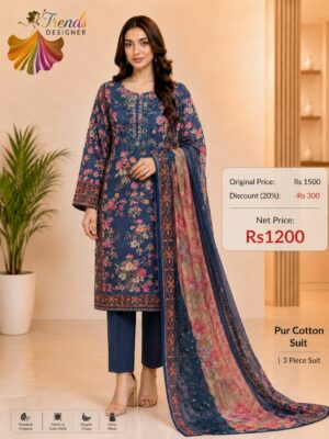 Navy Blue Pure Cotton Boring Work & Patch Work Suit Set with Semi Lawn Bottom and Dupatta