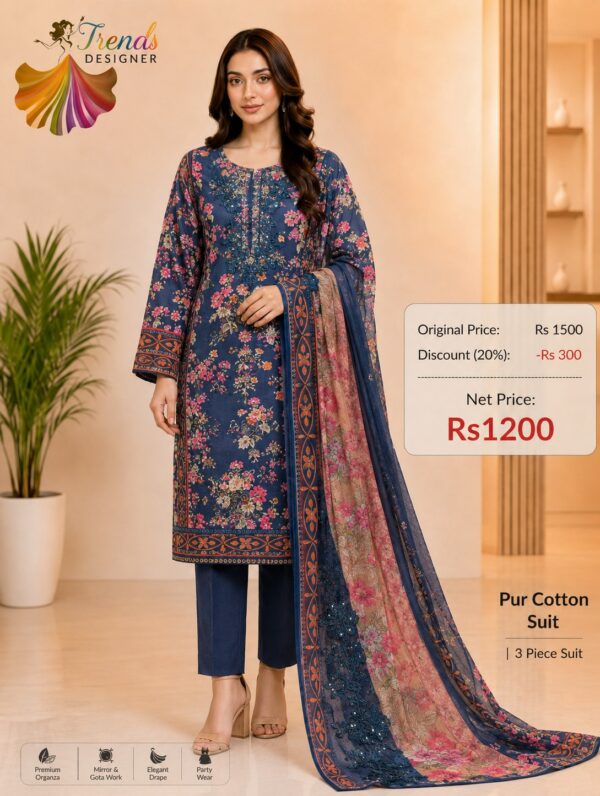 Navy Blue Pure Cotton Boring Work & Patch Work Suit Set with Semi Lawn Bottom and Dupatta