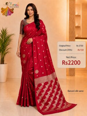 Premium Red Banarasi Silk Saree with Rich Woven Zari Border | Trends Designer