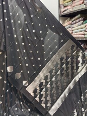 Premium Black Banarasi Silk Saree with Silver Zari Border and Floral Woven Pallu