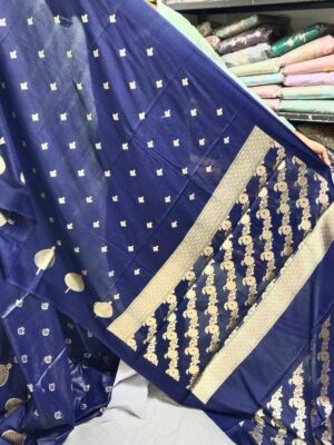 Premium Royal Blue Banarasi Silk Saree with Golden Zari Buttas and Rich Floral Woven Pallu