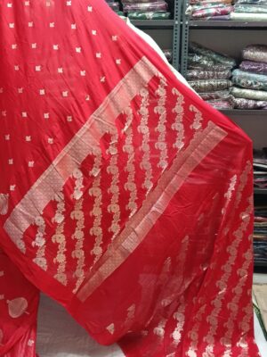 Premium Red Banarasi Silk Saree with Rich Golden Zari Border and Floral Woven Pallu