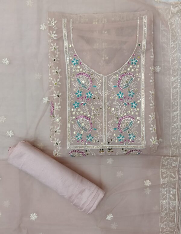 Grey Premium Organza Mirror & Gota Work Semi Stitched Suit Piece with Embroidered Organza Dupatta