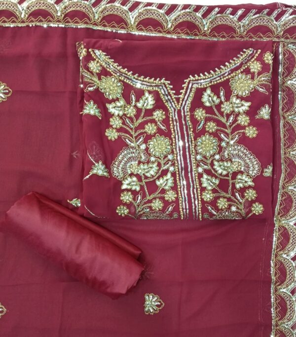 Maroon Georgette Mirror & Gota Work Semi Stitched Suit Piece with Embroidered Georgette Dupatta