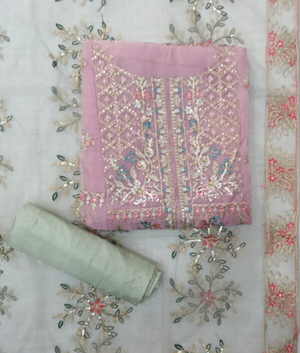 Lavender Georgette Mirror & Gota Work Semi Stitched Suit Piece with Mint Green Embroidered Dupatta
