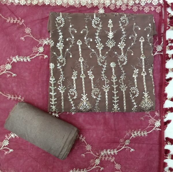 Grey Georgette Jari Work Semi Stitched Suit Piece with Embroidered Maroon Dupatta for Wedding & Bridal Wear