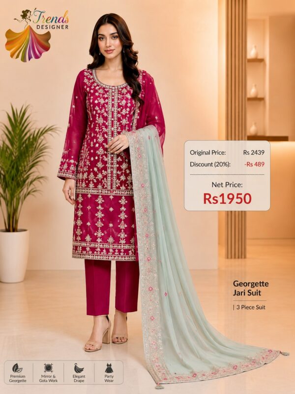 Magenta Georgette Mirror & Gota Work Semi Stitched Suit Piece with Mint Green Embroidered Dupatta