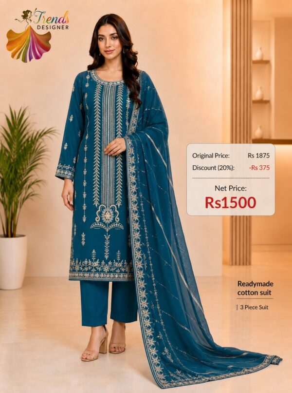 Teal Blue Readymade Cotton embroidered 3 piece suit set for women