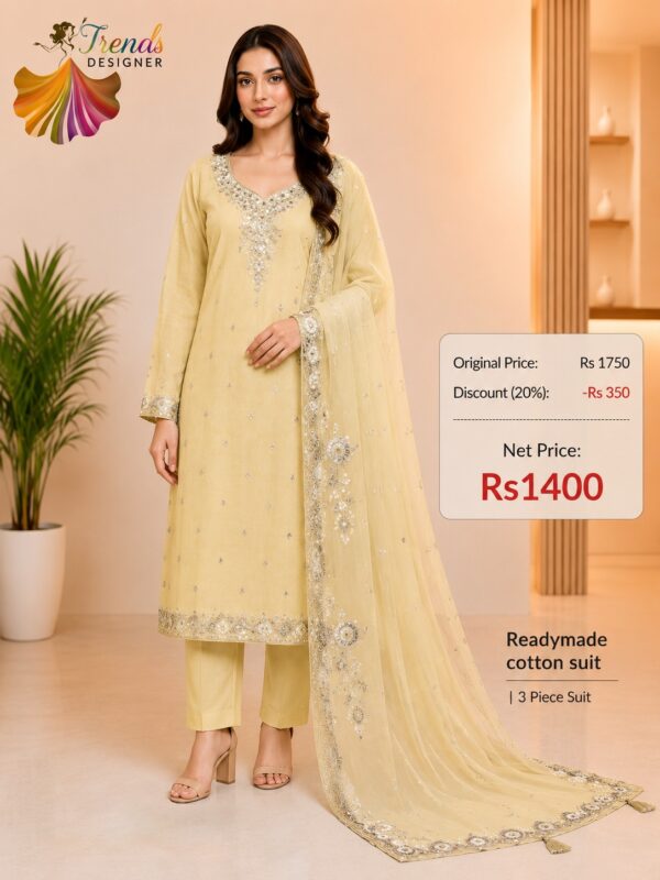 Cream Readymade Cotton embroidered 3 piece suit set for women