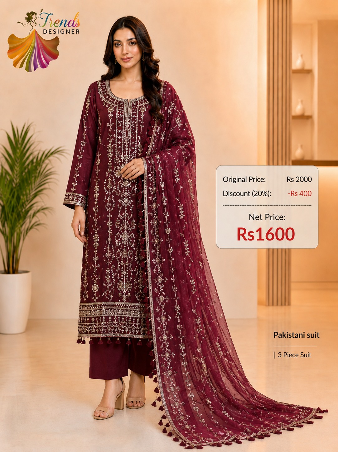 Maroon Pakistani 3 Piece Suit Set for Women | Designer Embroidered Wedding Wear