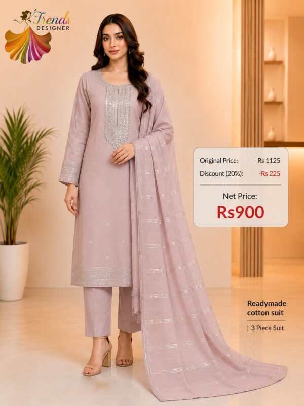 Dusty Pink Readymade Cotton Embroidered 3 Piece Suit for Women with Matching Dupatta | Trends Designer