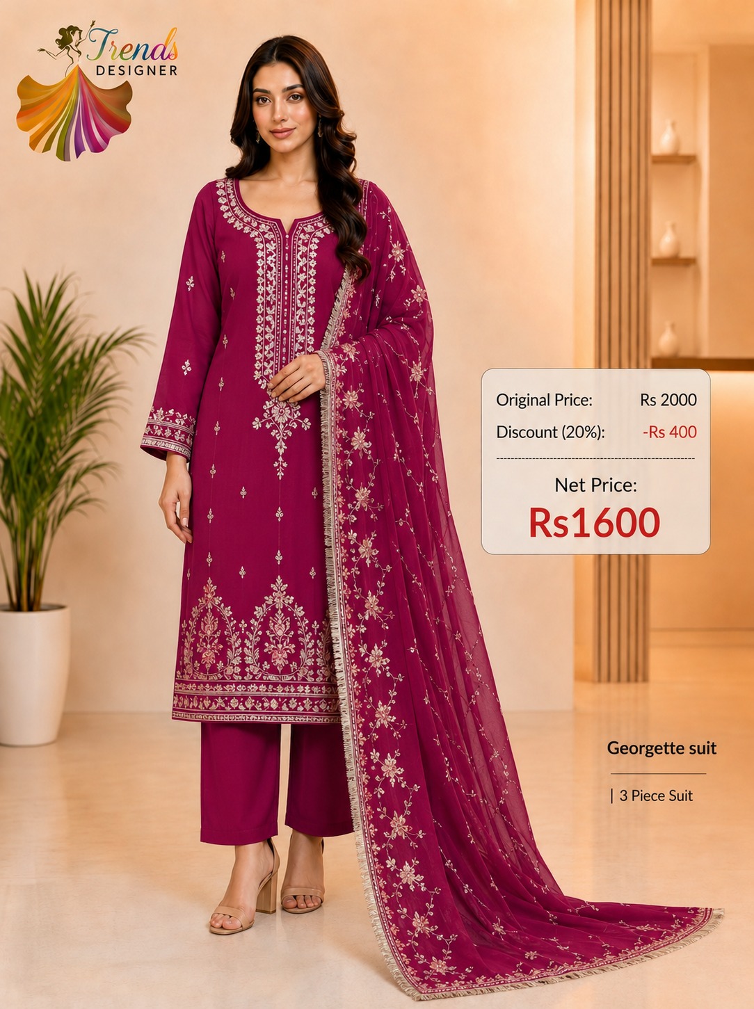 Magenta Georgette Embroidered 3 Piece Suit for Women | Wedding & Party Wear | Trends Designer