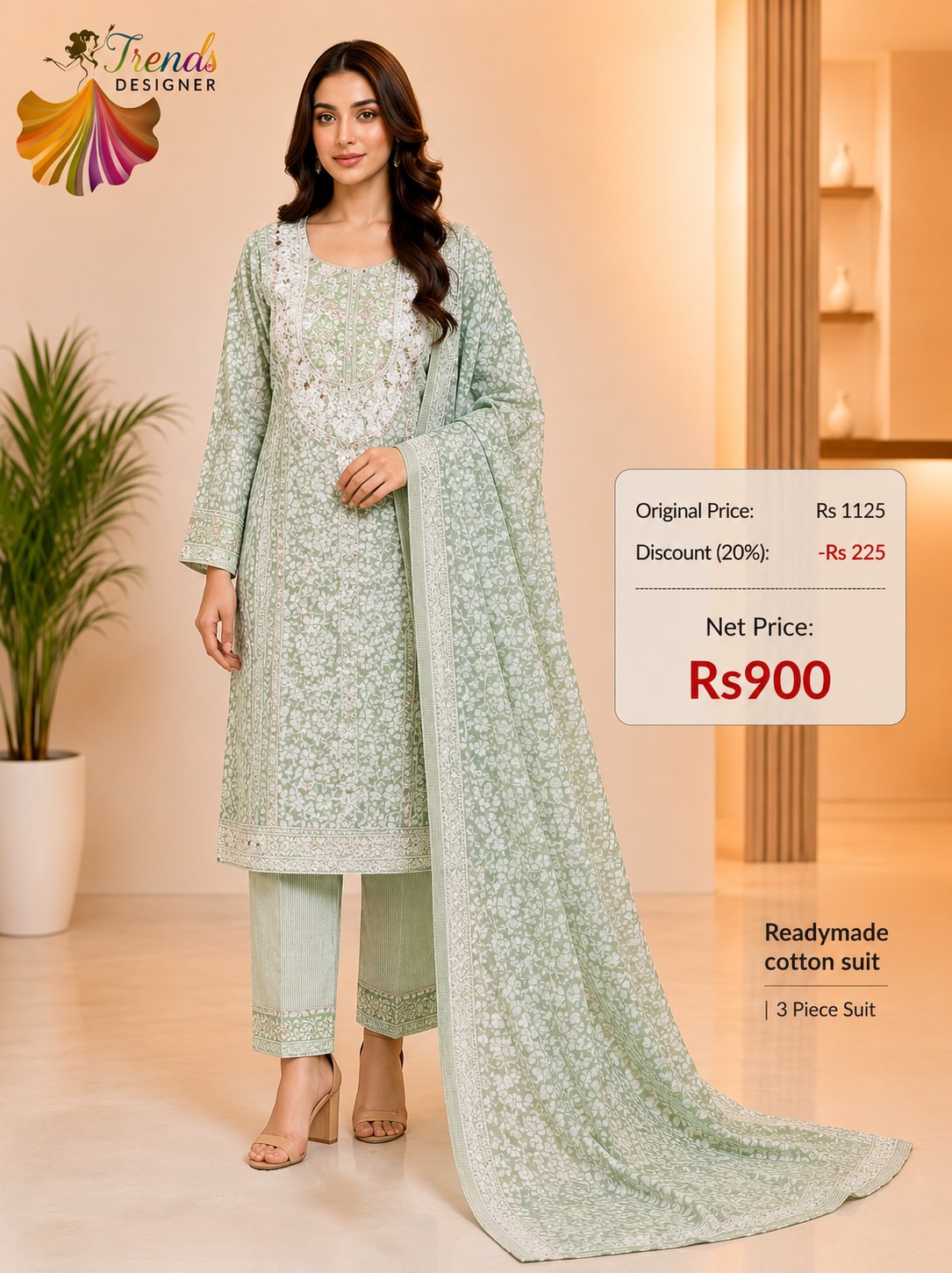 Women’s Readymade Cotton 3 Piece Suit Set with Printed Dupatta – Mint Green | Trends Designer Wear