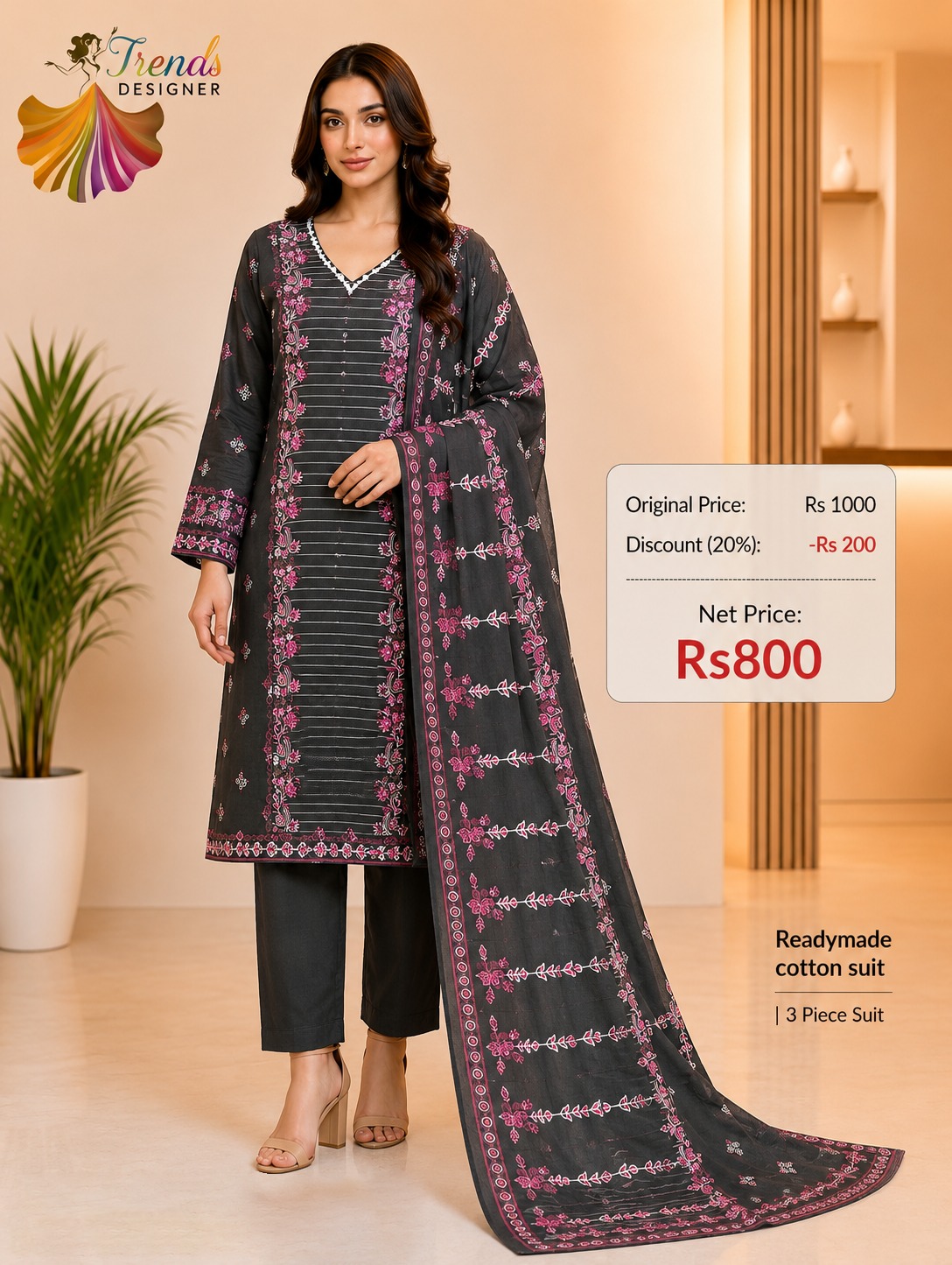Women’s Readymade Cotton 3 Piece Suit Set with Printed Dupatta – Charcoal Black & Pink | Trends Designer Wear