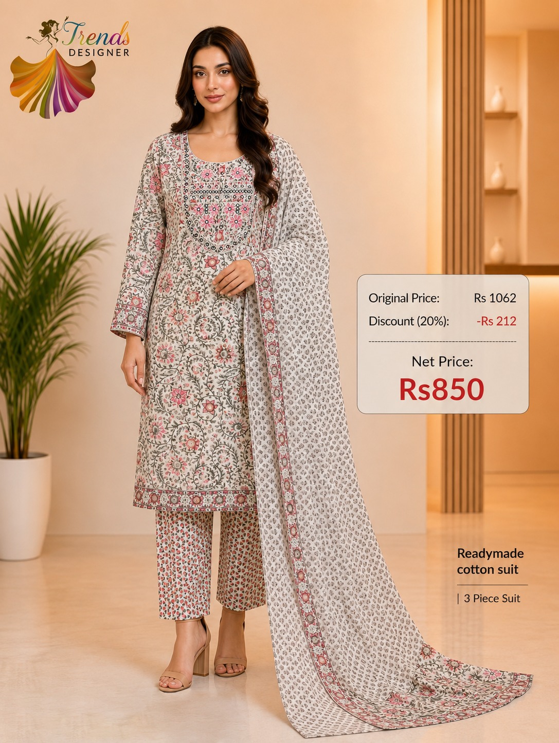 Women’s Readymade Cotton Floral Printed 3 Piece Suit Set with Dupatta – White & Pink | Trends Designer Wear