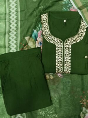 Olive Green Readymade Cotton embroidered 3 piece suit with floral printed dupatta for women