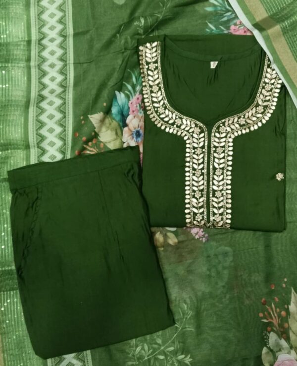 Olive Green Readymade Cotton embroidered 3 piece suit with floral printed dupatta for women