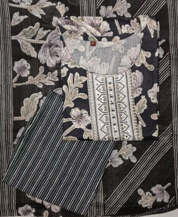 Charcoal Grey Readymade Cotton floral printed 3 piece suit for women