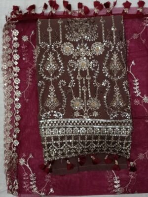 Maroon Pakistani embroidered 3 piece suit set for women
