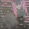 Women's charcoal black readymade cotton 3 piece suit with pink floral print, matching cotton pants and printed dupatta by Trends Designer Wear.