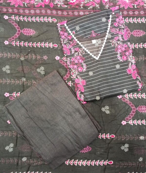 Women's charcoal black readymade cotton 3 piece suit with pink floral print, matching cotton pants and printed dupatta by Trends Designer Wear.