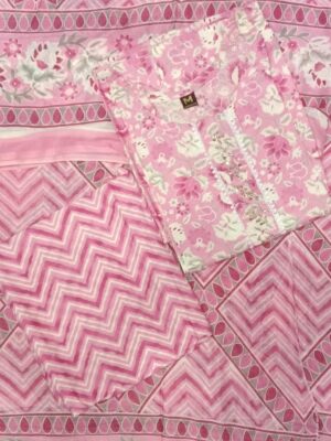 Women's baby pink readymade cotton floral printed 3 piece suit with matching printed cotton pants and dupatta by Trends Designer Wear.
