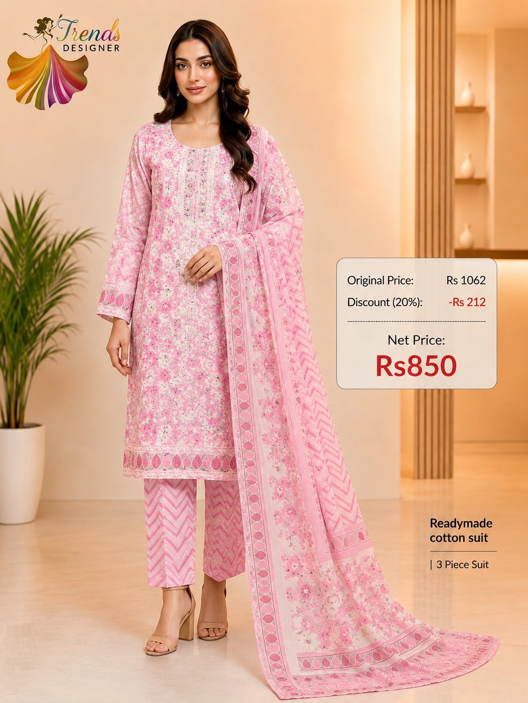 Women’s Readymade Cotton Floral Printed 3 Piece Suit Set with Dupatta – Baby Pink | Trends Designer Wear