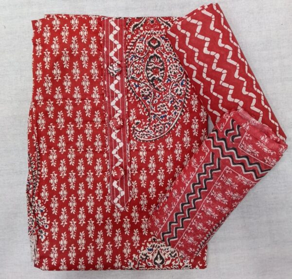 Red Printed Cotton 3 Piece Suit Set for Women with Matching Dupatta – Premium Cotton Dress Material by Trends Designer