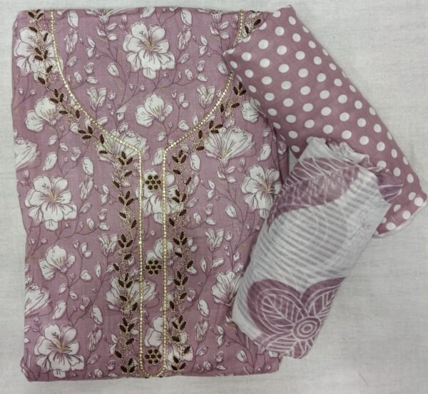 Lavender printed cotton 3 piece suit set for women featuring a floral printed cotton kurta, matching printed pants, and cotton dupatta by Trends Designer, perfect for festive wear, office wear, and wedding occasions.