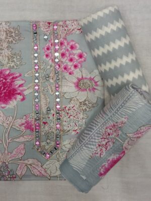 Grey floral printed cotton 3 piece suit set for women featuring a premium cotton kurta, matching printed pants, and floral cotton dupatta by Trends Designer, ideal for festive wear, office wear, and wedding occasions.
